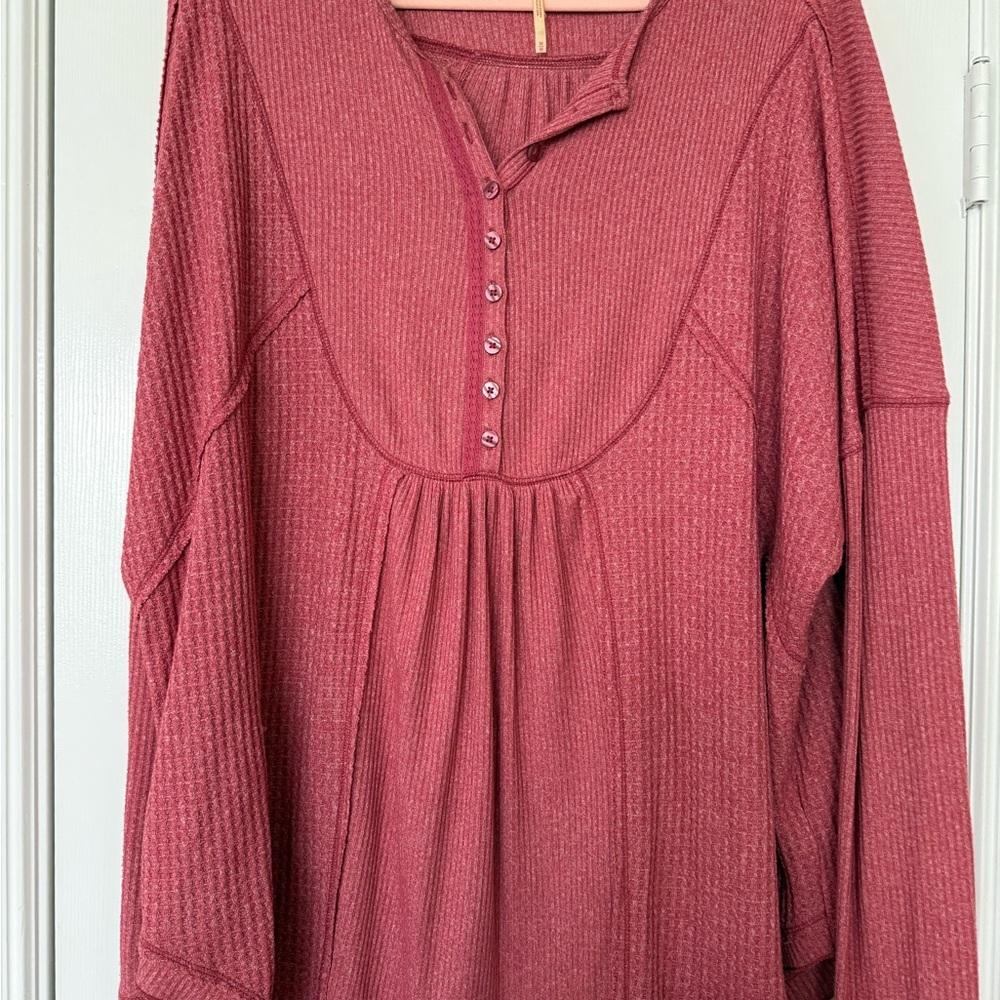 Free People Waffle knit Button-Front Blouse in Rose